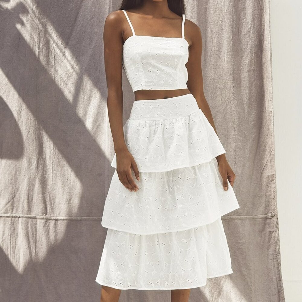 Lulu's White Eyelet Tiered Midi Dress and Crop Top Set